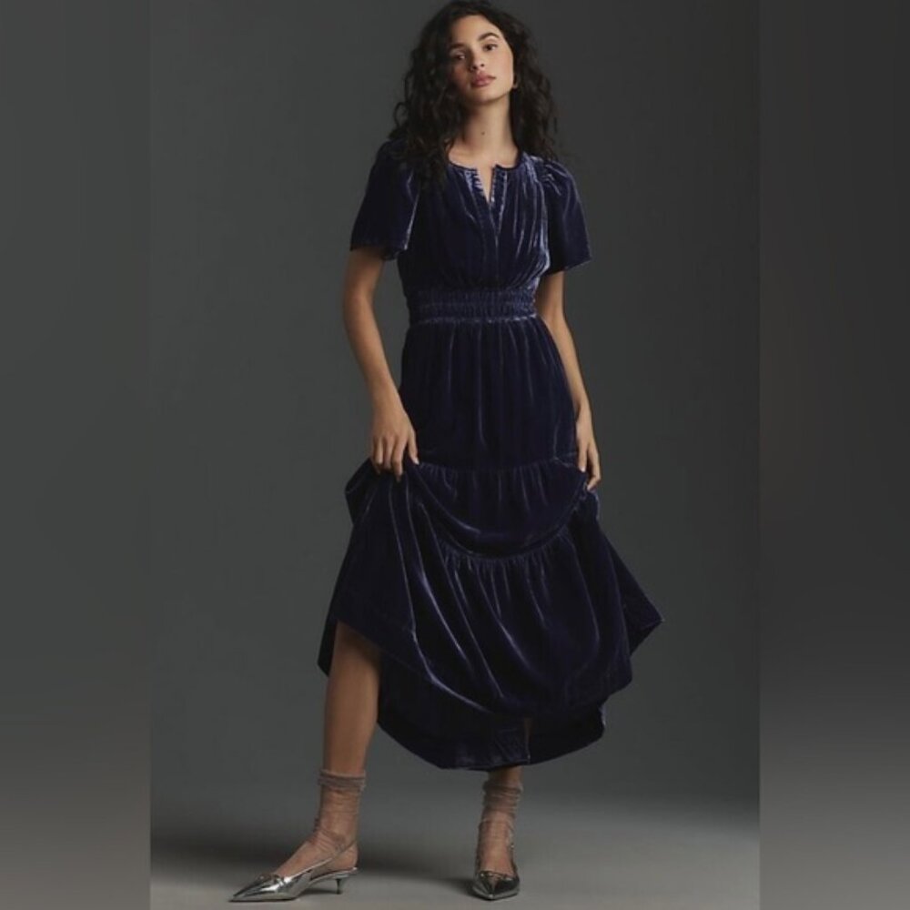 Anthropologie The Somerset Velvet Maxi Dress Dark Blue